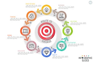 Infographic design layout. Ring-shaped diagram with 8 bright colored circular elements placed around shooting target