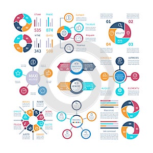 Infographic design. Pie charts and step circle diagram, text layouts bar graphs and histograms. Vector infographics set