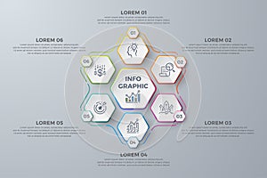 Infographic design with 6 process choices or steps. Design elements for your business such as reports, leaflets, brochures, photo