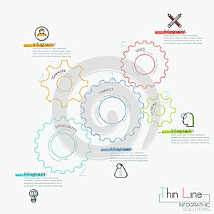 Infographic design template with 5 gear wheels, pictograms and text boxes