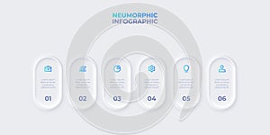 Infographic design template with 6 options, steps or processes. Neumorphism rounded elements placed in horizontal row