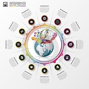 Infographic design template. Creative world. Colorful circle with icons. Vector