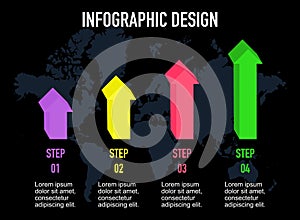 Infographic design template with place for your data. 3D isometric Bar chart arrow on world map background.4 steps Vector.