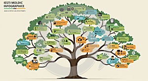 Infographic designed as a tree with branches and leaves representing various topics