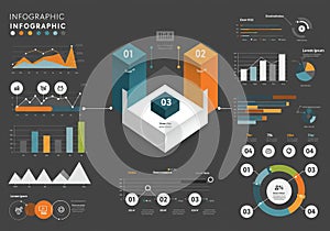 Infographic displaying various data visualization elements on a dark background.