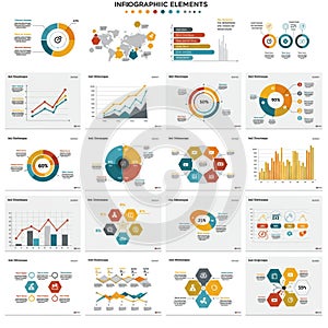An infographic displaying various elements for data visualization. Includes pie charts,