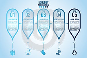 Infographic eco water blue design elements process 5 steps or options parts with drop of water. Ecology organic nature vector