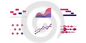 Infographic element collection. Vector flat color illustration set. Dotted line, stacked area, gantt chart on white. Process,