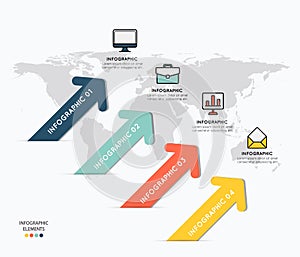 Infographic elements with icons on map background.