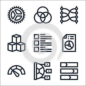 Infographic elements line icons. linear set. quality vector line set such as bar chart, pie chart, speedometer, pie chart, topic,