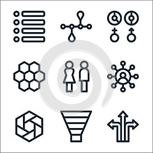 infographic elements line icons. linear set. quality vector line set such as directions, funnel, hexagon, user, man, honeycomb,