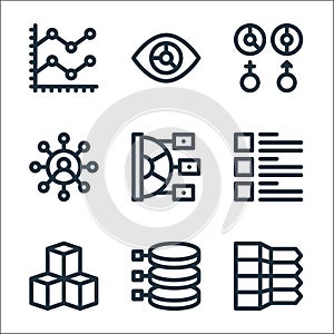 infographic elements line icons. linear set. quality vector line set such as , graph, cubes, topic, pie chart, user, gender,