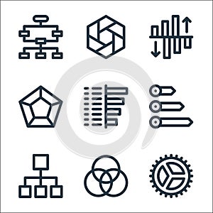 infographic elements line icons. linear set. quality vector line set such as settings, rgb, arrow, bar chart, hexagon, reflection