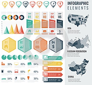 Infographic Elements Set with maps of the countries USA, China, Russian Federation. Business infographic with markers