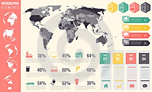 Infographic Elements Set. World map, markers, charts and other elements. Business infographic. Vector