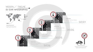 Infographic Ev car Timeline diagram template for business. 4 Steps Modern roadmap with road topics, for vector infographics, flow