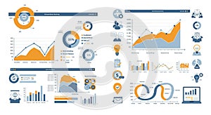 Infographic features multiple data visualizations including line graphs, pie charts, and
