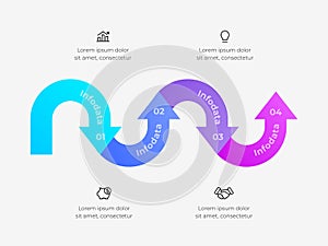 Infographic featuring colorful zigzagging arrows with icons and descriptive labels, ideal for presenting multistep processes or