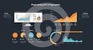 Infographic featuring a digital display with a line graph and pie chart, showing data