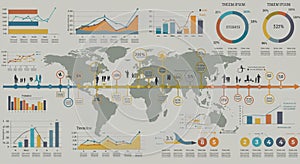 Infographic featuring a world map centered with various elements and graphs
