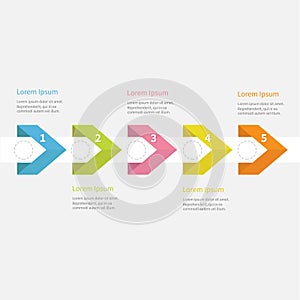 Infographic five step with ribbon arrow dashed circle and text. Template. Timeline Flat design.