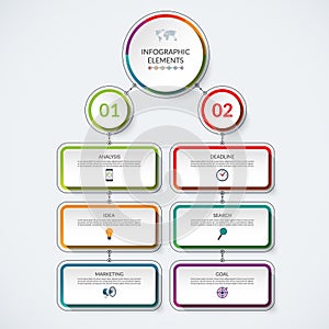 Infographic flow chart template with 2 option circles and 6 tabs photo