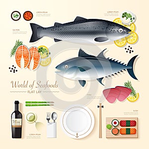 Infographic food business seafood flat lay idea.