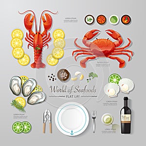 Infographic food business seafood flat lay idea. Vector