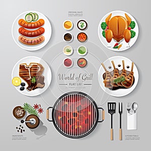 Infographic food grill, bbq, roast, steak flat lay idea. Vector