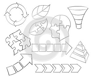 Infographic head funnel arrow process leaf pyramid puzzle set collection sketch hand drawing white isolated background color style