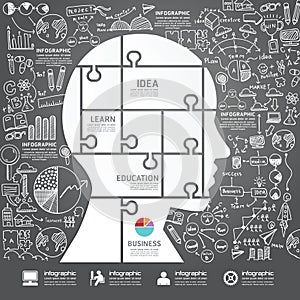 Infographic Head jigsaw with doodles line drawing success