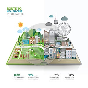 Infographic health care on book template design.route to healthy