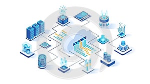 An infographic illustration of a cloud computing system with various connected devices and data storage