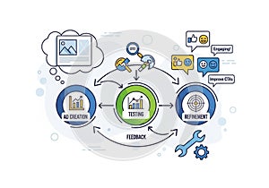 Infographic illustrating the process of ad creation, testing, and