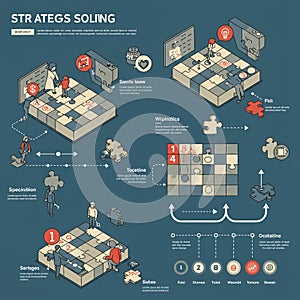 Infographic illustrating strategy-solving processes with puzzle-themed elements.