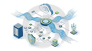 An infographic illustration of a cloud computing system with security features and data flow