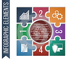 Infographic illustration with integrated business icons for development, investment, solutions, bargain and security.