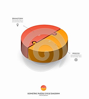 Infographic isometric puzzle circular template. Cycle diagram with 2 steps, pieces, parts.