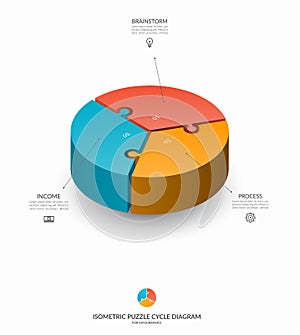 Infographic isometric puzzle circular template. Cycle diagram with 3 steps, pieces, parts.