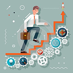 Infographic Ladder Stairs Businessman Goes to Success Symbol Gears icons Flat Design Vector Illustration