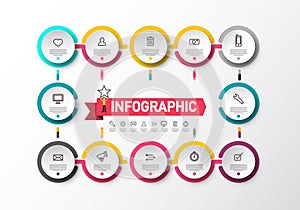 Infographic layout with Sample Text and Icons on Circle Labels. Infographics Concept with Data Flow