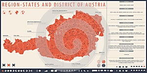 Infographic map of Austria with administrative division into region-states and district