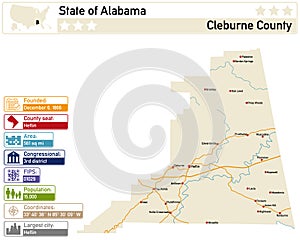 Infographic and map of Cleburne County in Alabama USA