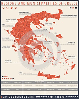 Infographic map of Greece with administrative division into Regions and municipalities