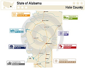 Infographic and map of Hale County in Alabama USA