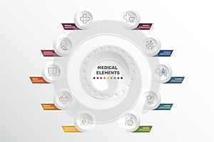 Infographic Medical template. Icons in different colors. Include Venerology, Anesthesiology, Oncology, Gynecology and