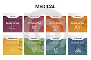 Infographic Medical template. Icons in different colors. Include Venerology, Anesthesiology, Oncology, Gynecology and