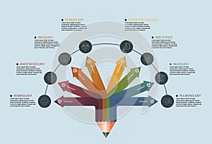 Infographic Medical template. Icons in different colors. Include Venerology, Anesthesiology, Oncology, Gynecology and