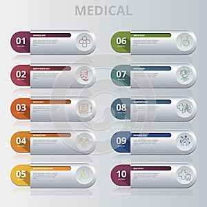 Infographic Medical  template. Icons in different colors. Include Venerology, Anesthesiology, Oncology, Gynecology and others