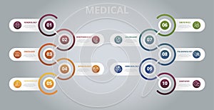 Infographic Medical  template. Icons in different colors. Include Venerology, Anesthesiology, Oncology, Gynecology and others